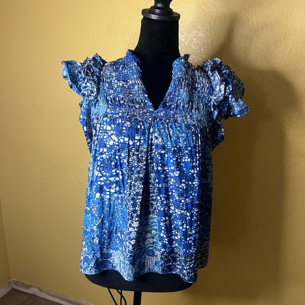 Rose & Olive Blue Smocked Flutter Sleeve Blouse